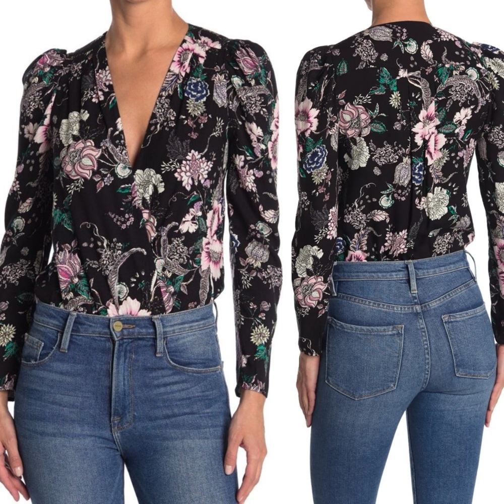 AFRM Surplice Long Sleeve Bodysuit Puff Sleeve Black Pink Floral Small S
